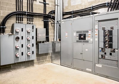 Electrical room of residential or commercial building. Close up view of Meters and Panels